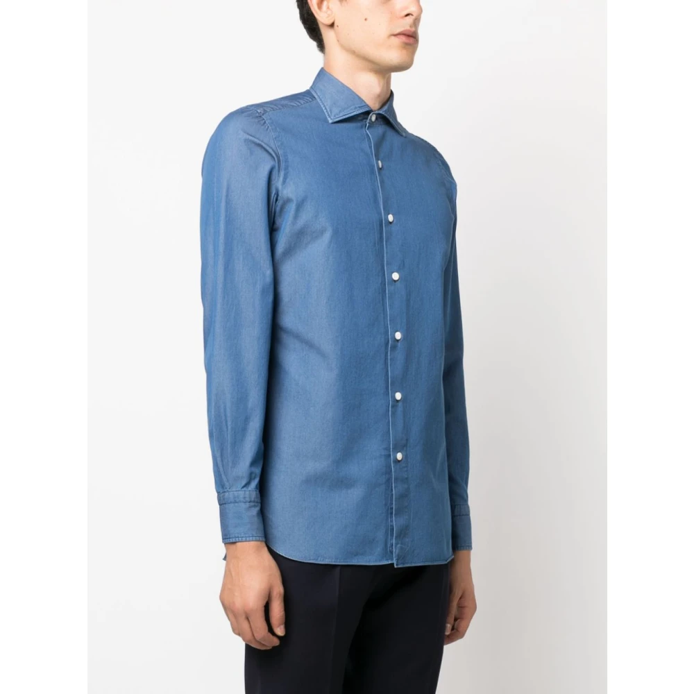 Finamore Heldere Blauwe Napoli Katoenen Overhemd Blue Heren