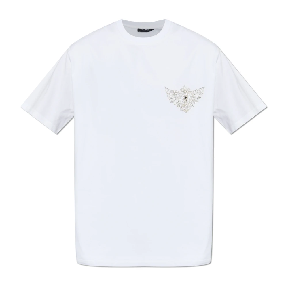 Balmain Herr Vit Toppar M, Bomull, T-Shirt Med Skimrande Applikation