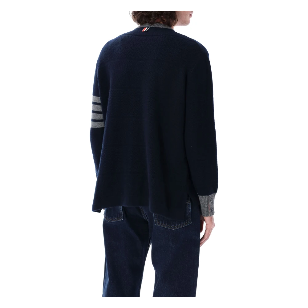 Thom Browne Navy Gestreepte Crew Neck Sweater met Textuur Blue Heren