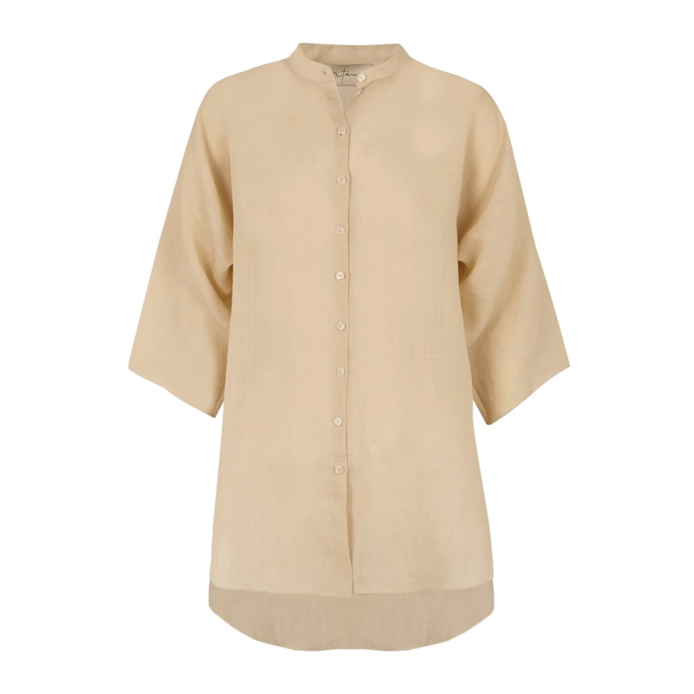 Cortana Beige Ramie Mao Kraag Shirt Beige Dames