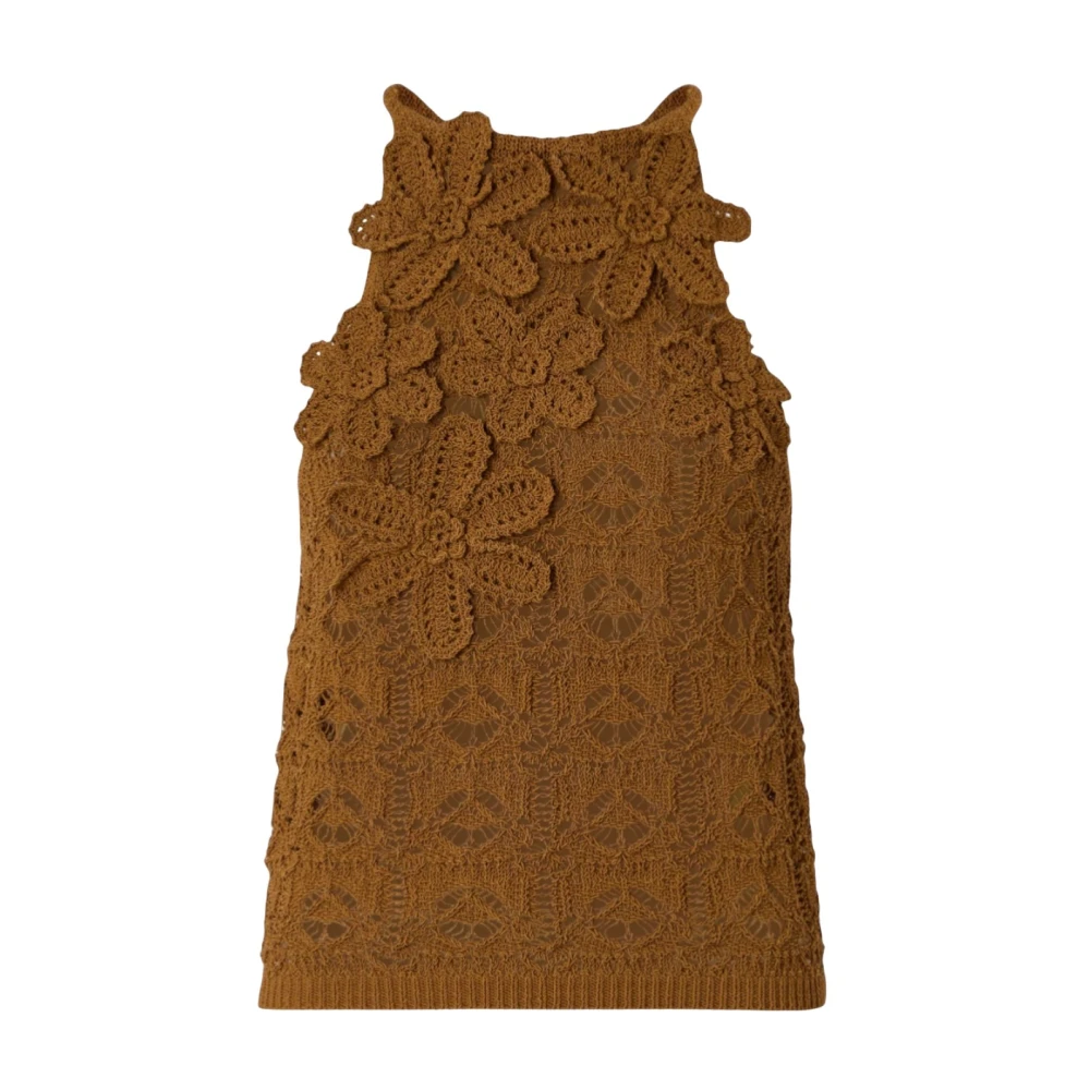 Pinko Brown Blouses, Female, M, Crochet Top With Hand-Applied Flowers