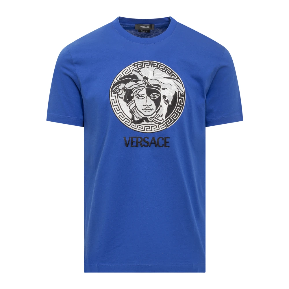 Versace Blauw Crew Neck T-shirt met Geborduurd Medusa Logo Blue Heren