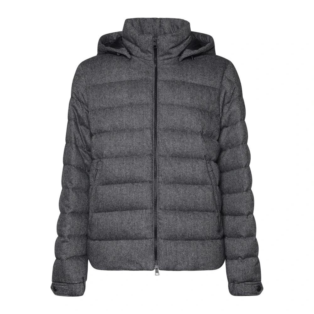 Moncler Grijze Gewatteerde Wollen Jas met Leer Gray Heren