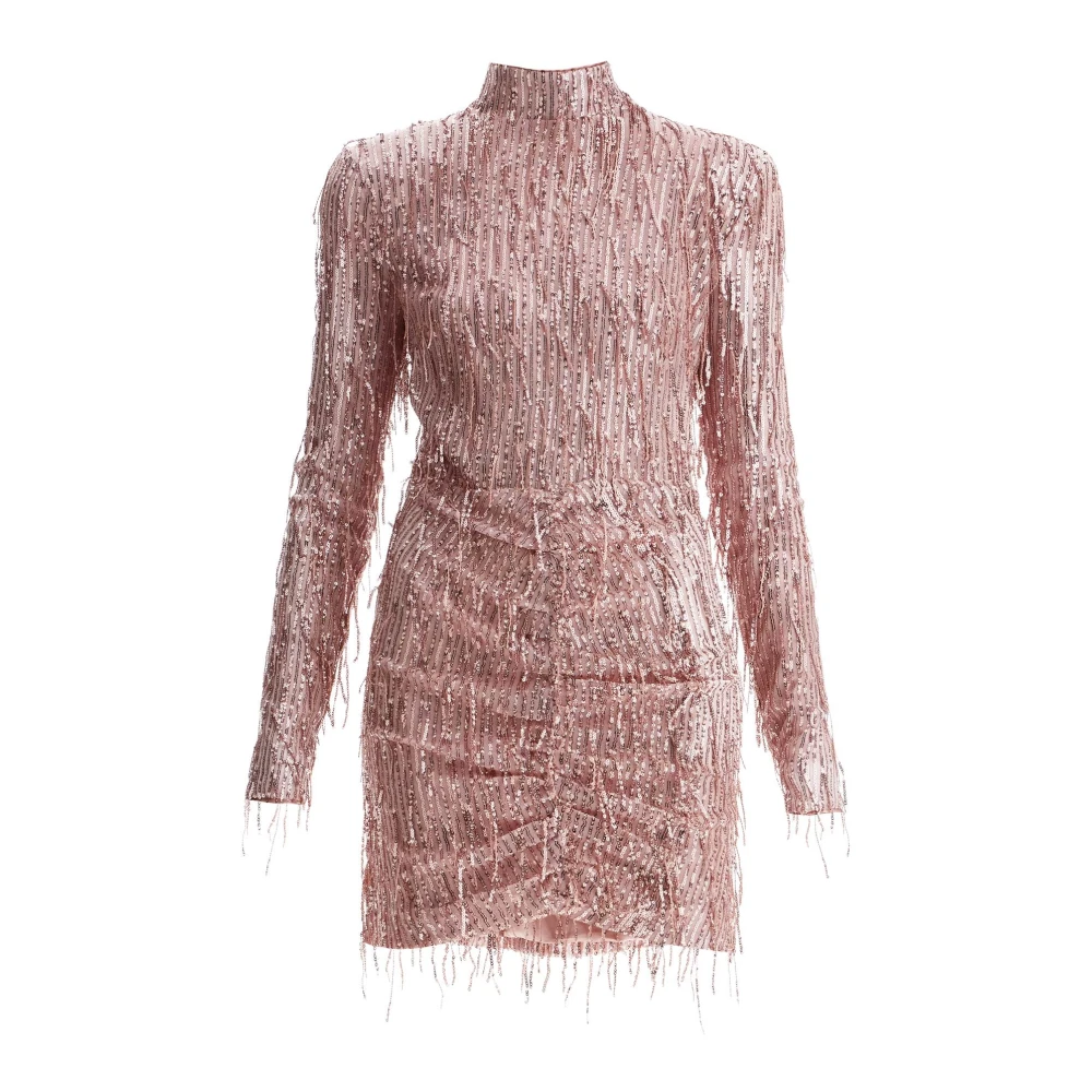 Rotate Birger Christensen Pailletten Franje Mesh Mini Jurk Pink Dames