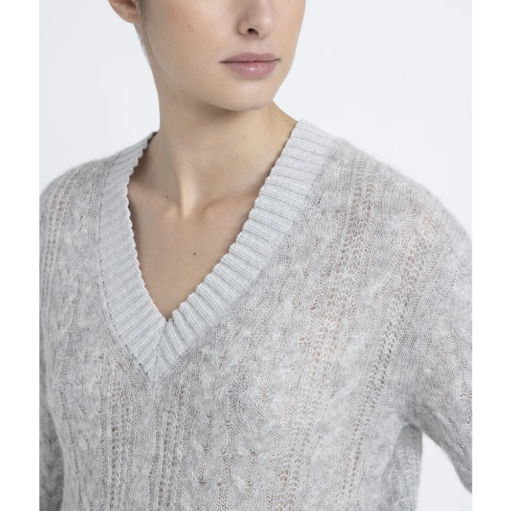 PESERICO Merino wol alpaca en Lurex trui met gevlochten steek V-hals Gray Dames