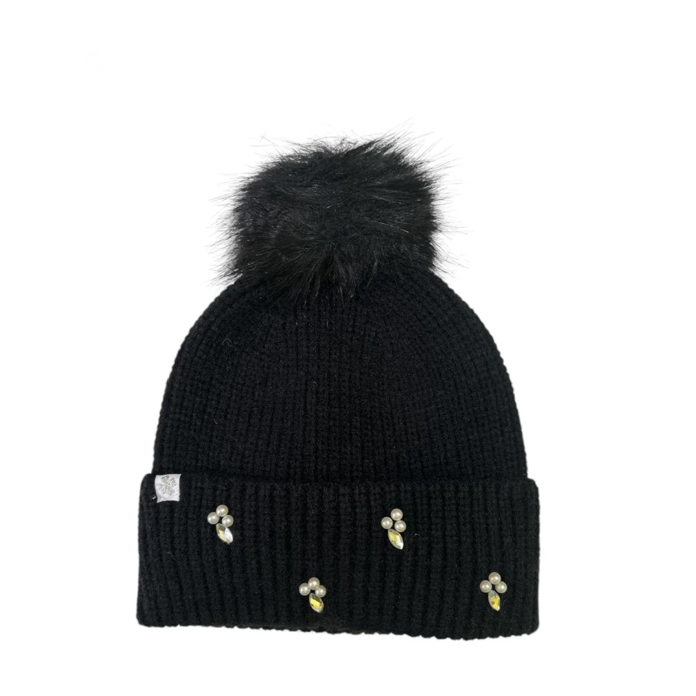 Molly Bracken Geribbelde acryl muts met nepbont pom Black Dames