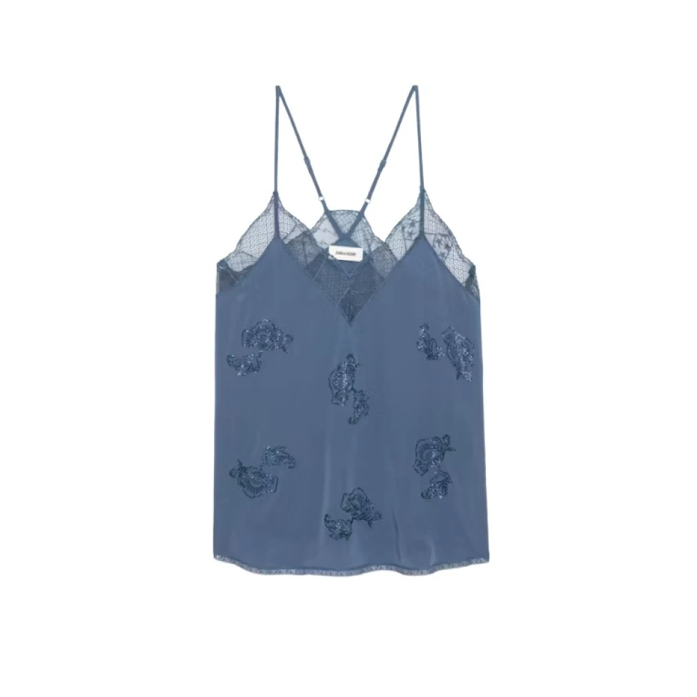 Zadig & Voltaire Blauwe Zijden Camisole met Bloemen Rhinestones Blue Dames