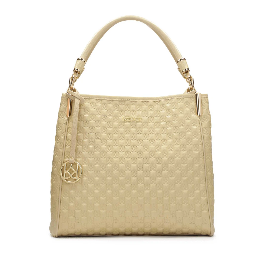 Kazar Geëmbosseerde leren handtas met gouden accenten Beige Dames