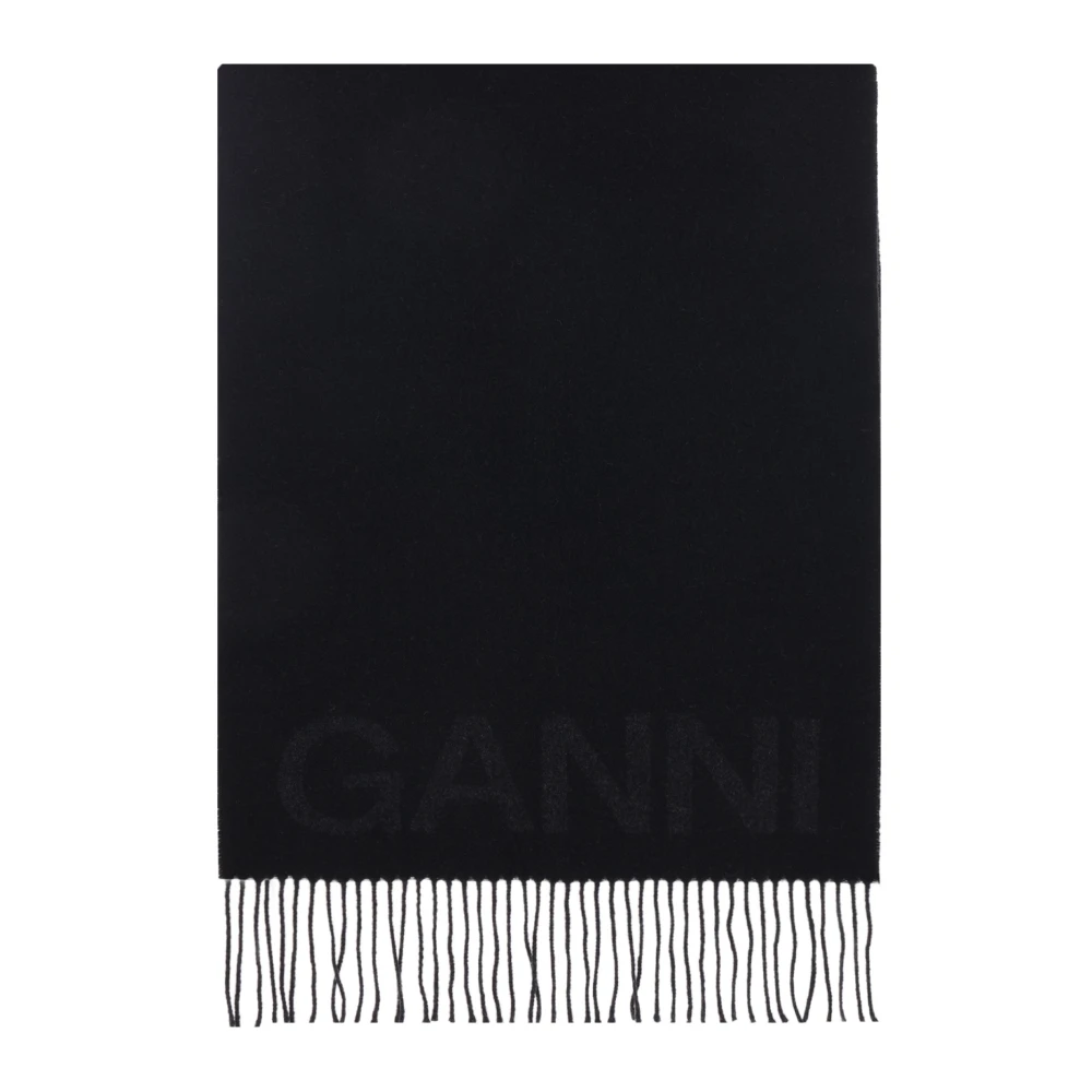 Ganni Wollen sjaal met jacquard-logo Black Dames