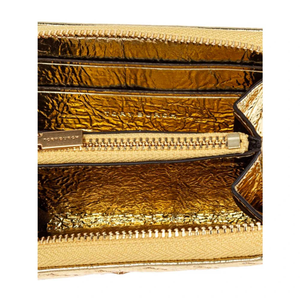 TORY BURCH Gouden Metallic Gestikte Portemonnee met Double T Yellow Dames