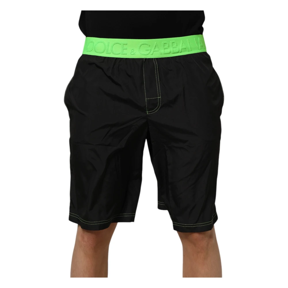 Dolce & Gabbana Men's Black/Green Logo Waistband Beachwear Swim Shorts