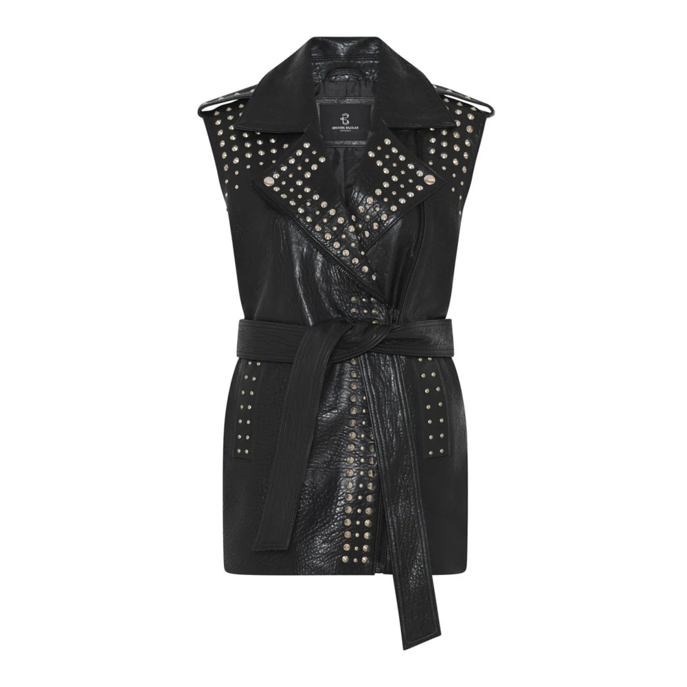 Bruuns Bazaar Zwarte leren waistcoat met wijde kraag Black Dames
