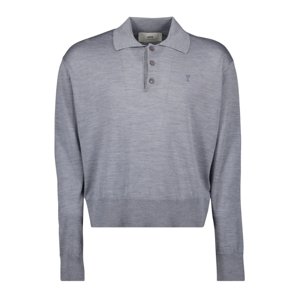 Ami Paris Men's Gray Polo Shirts, L, Heart Polo Grey Wool Silk