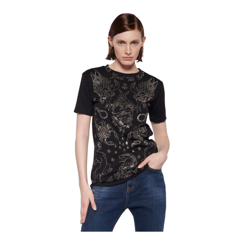 John Richmond Vanlig T-shirt med kontrasttryck Black, Dam