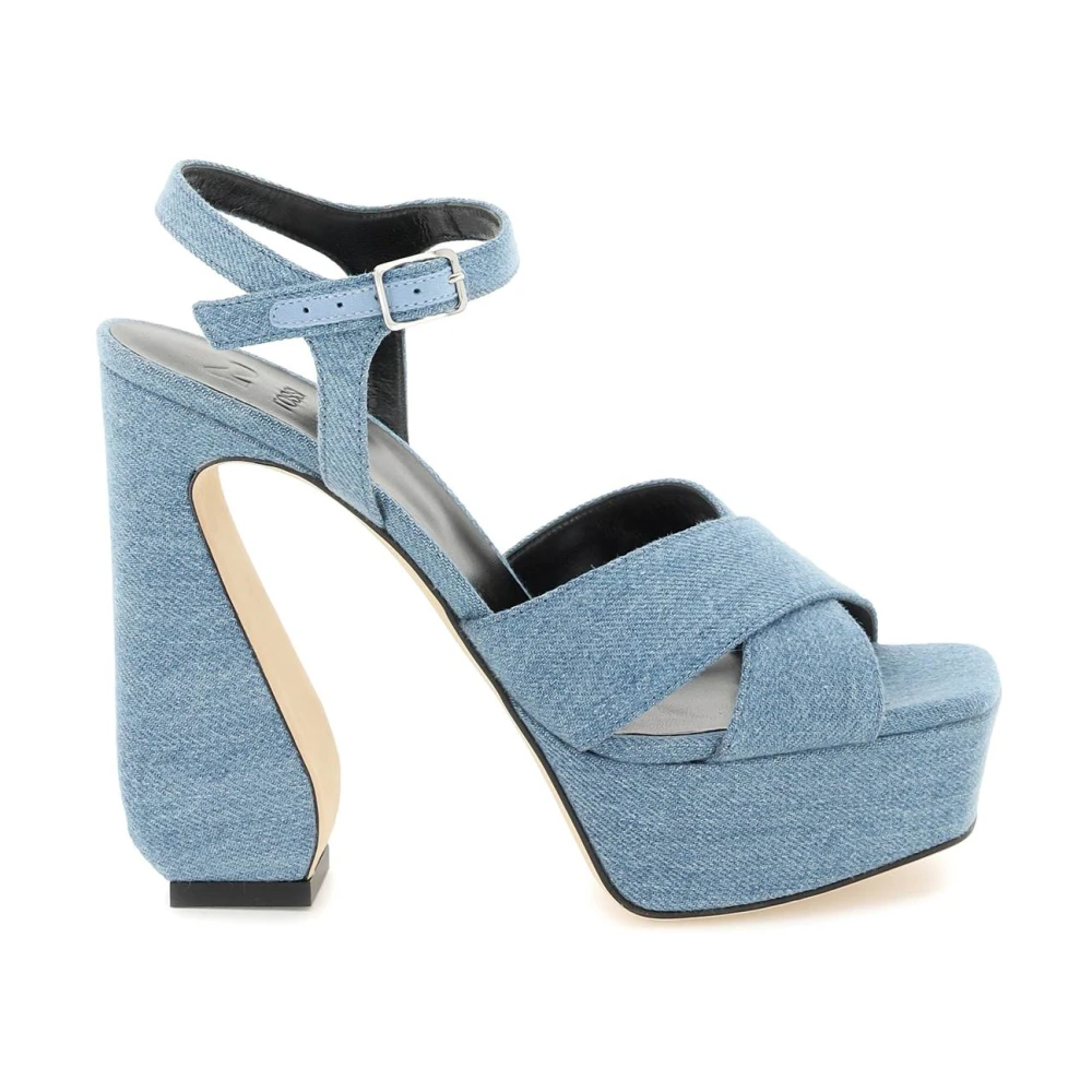 Sergio Rossi Denim Sandalen met Gekruiste Banden en Satijnbeklede Hak Blue Dames