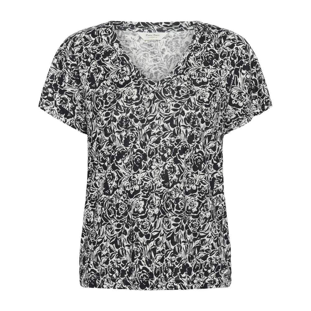 Part Two Rose Print V-Hals T-Shirt Black Dames