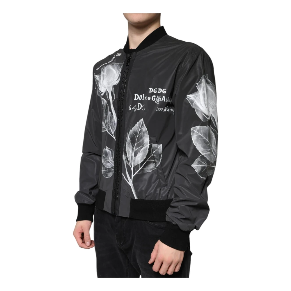 Dolce & Gabbana Zwarte Bloemen Nylon Bomberjack Black Heren