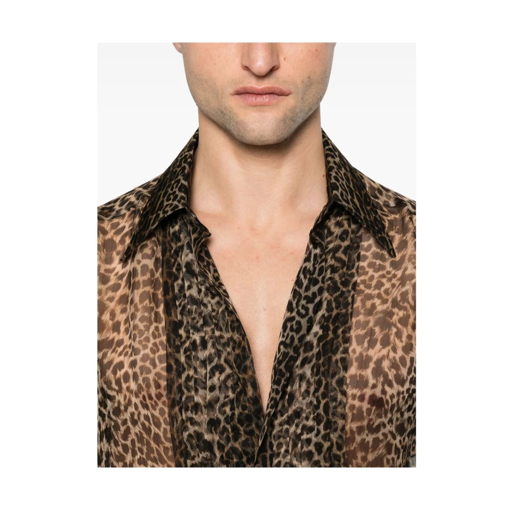 Tom Ford Animalier Bruin Shirt Knoopsluiting Plissé Brown Heren