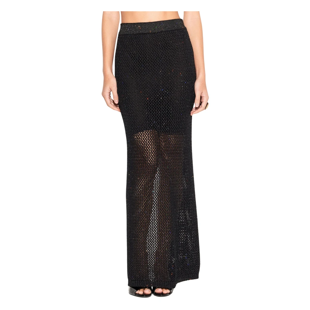 Akep Women's Black Long Skirt With Side Slit And Sheer Details