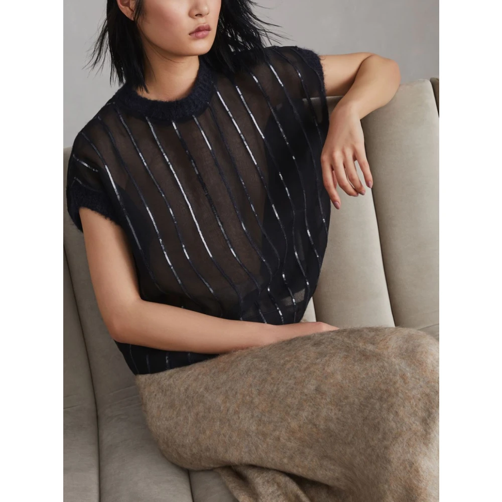 BRUNELLO CUCINELLI Zwarte Zijden Paillet Streep Shirt Black Dames