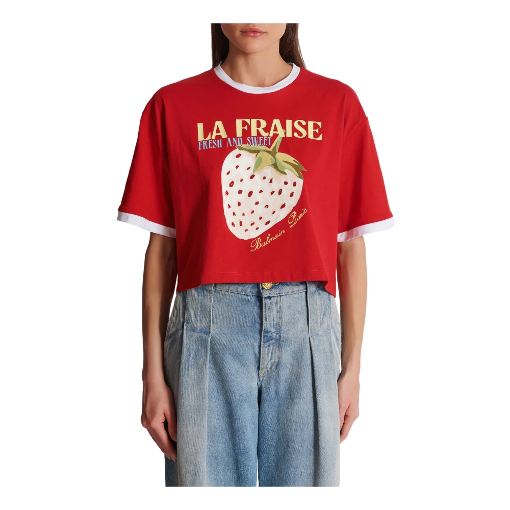 Balmain Cropped T-shirt met aardbeienprint Red Dames