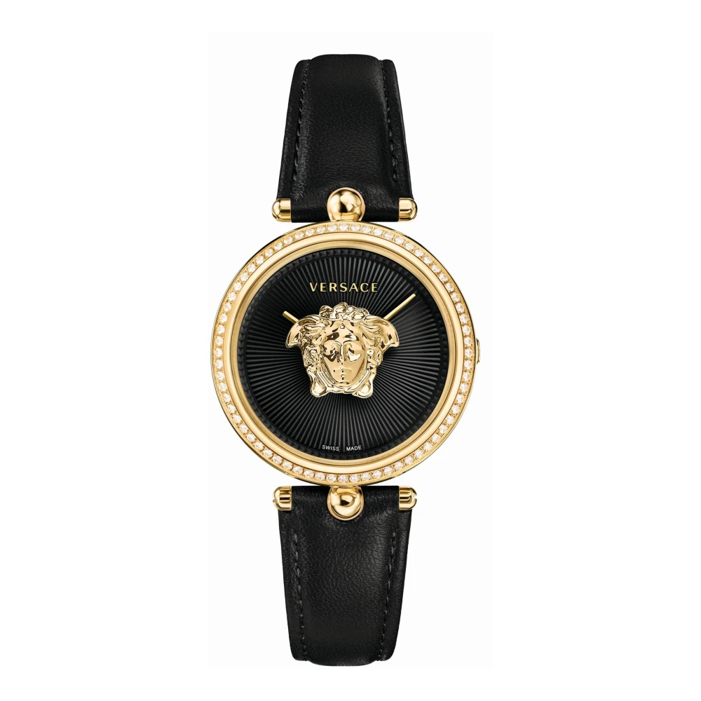 Versace Women's Multicolor Watches, One Size, Empire Black Leather Gold Diamond Watch