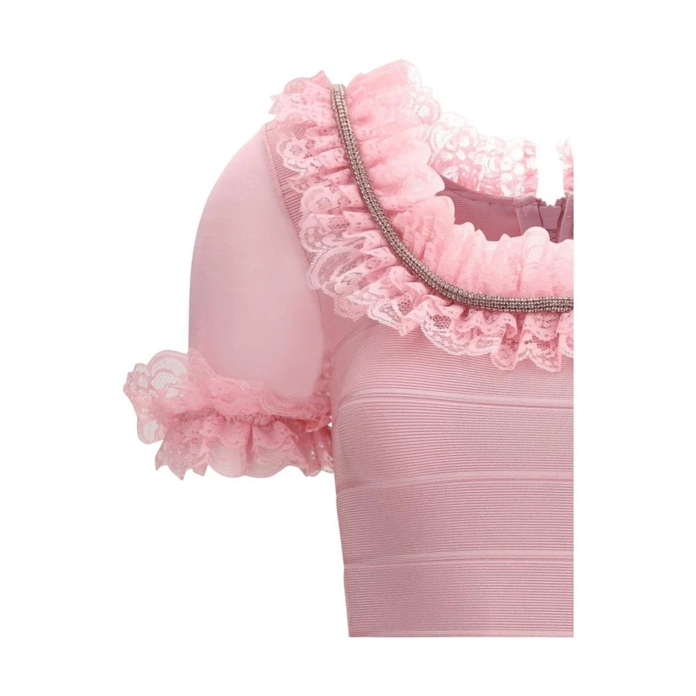 Self Portrait Ruffle Knit Mini Jurk met Kantafwerking Pink Dames