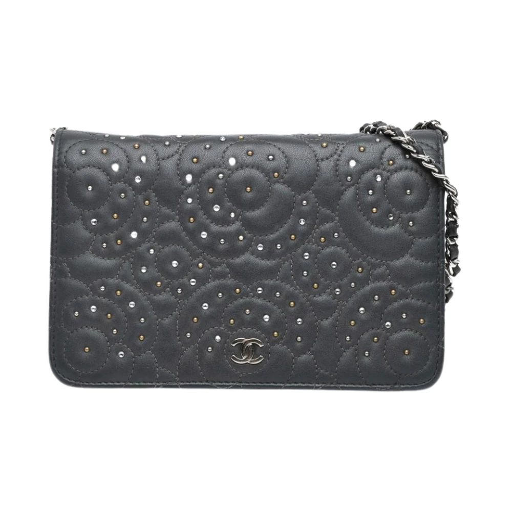 Chanel Vintage Women's Black Pre-Owned Studded Lambskin Camellia Wallet On Chain