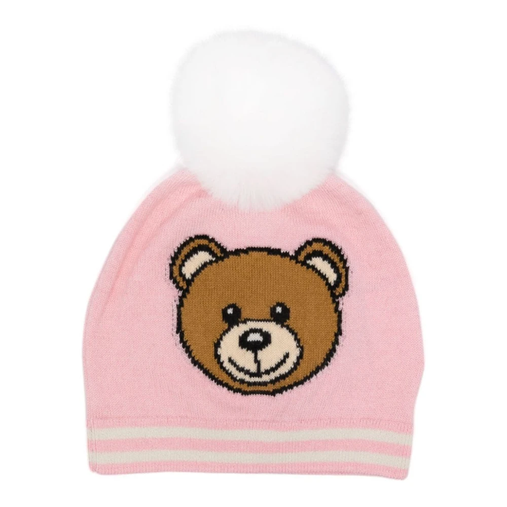 Moschino Pom Pom Stickad Mössa med Teddy Logo Pink, Unisex