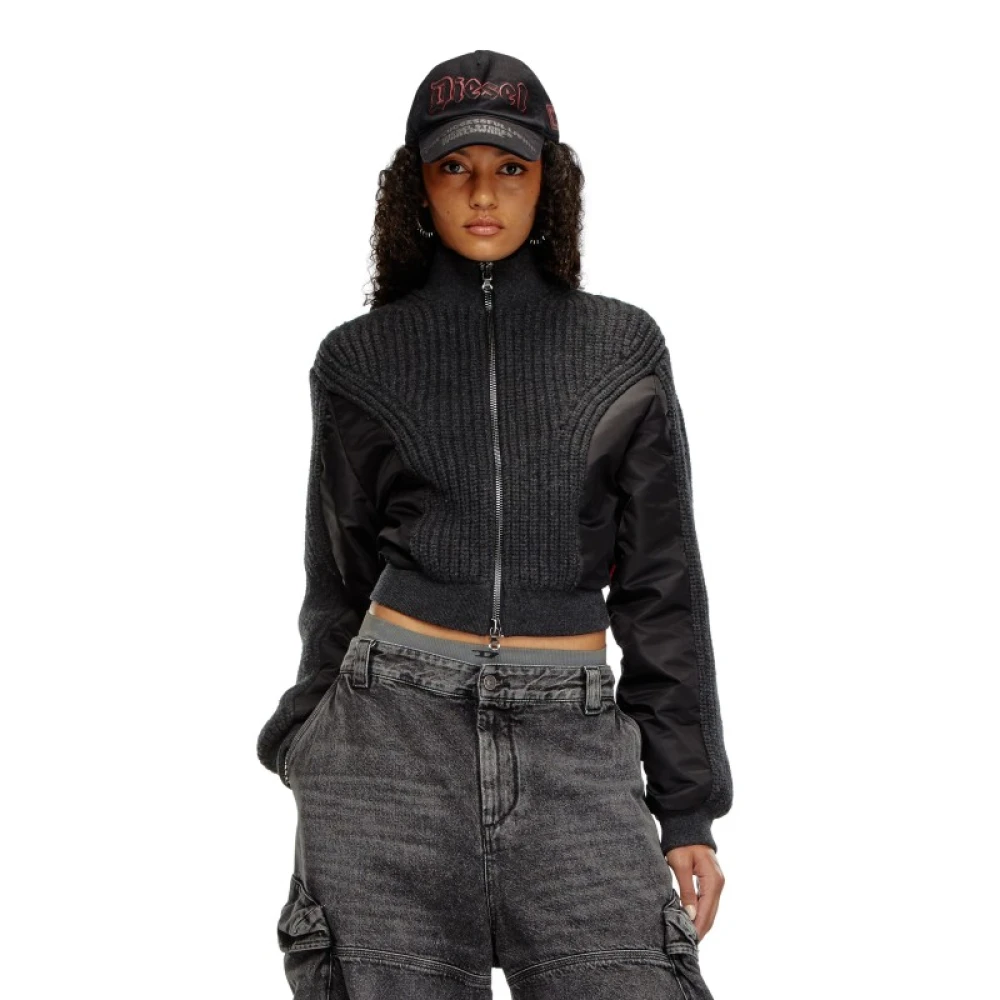 Diesel Gebreide wollen jack met nylon mouwen Black Dames