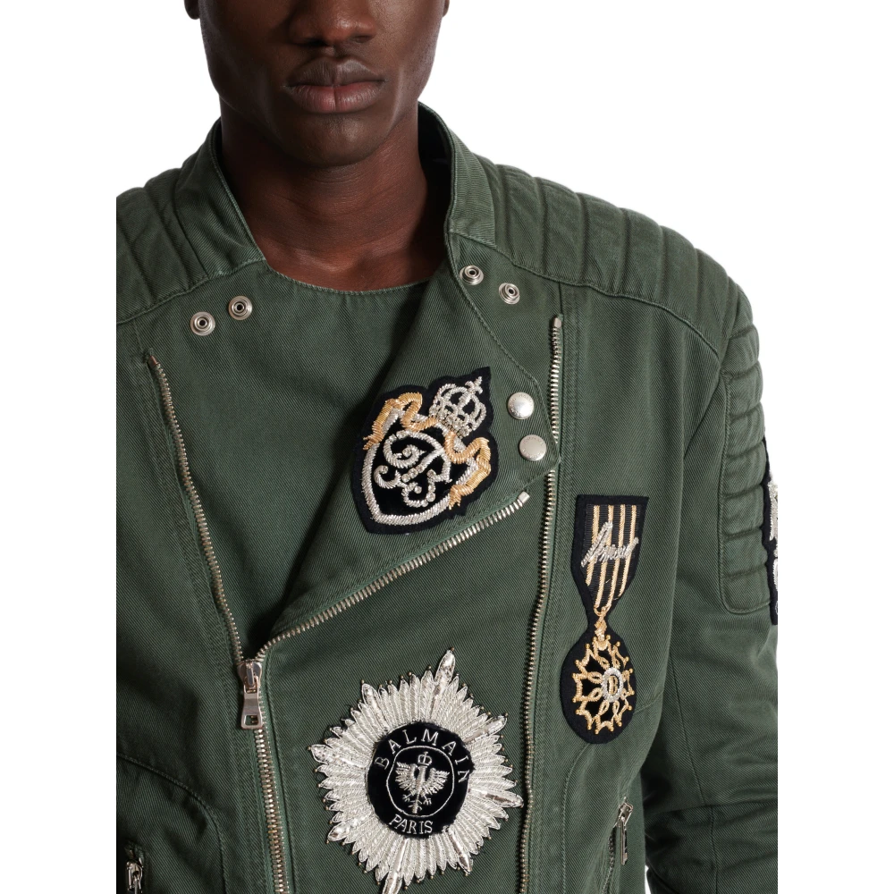 Balmain Denim Biker Jacket met Geborduurde Patches Green Heren