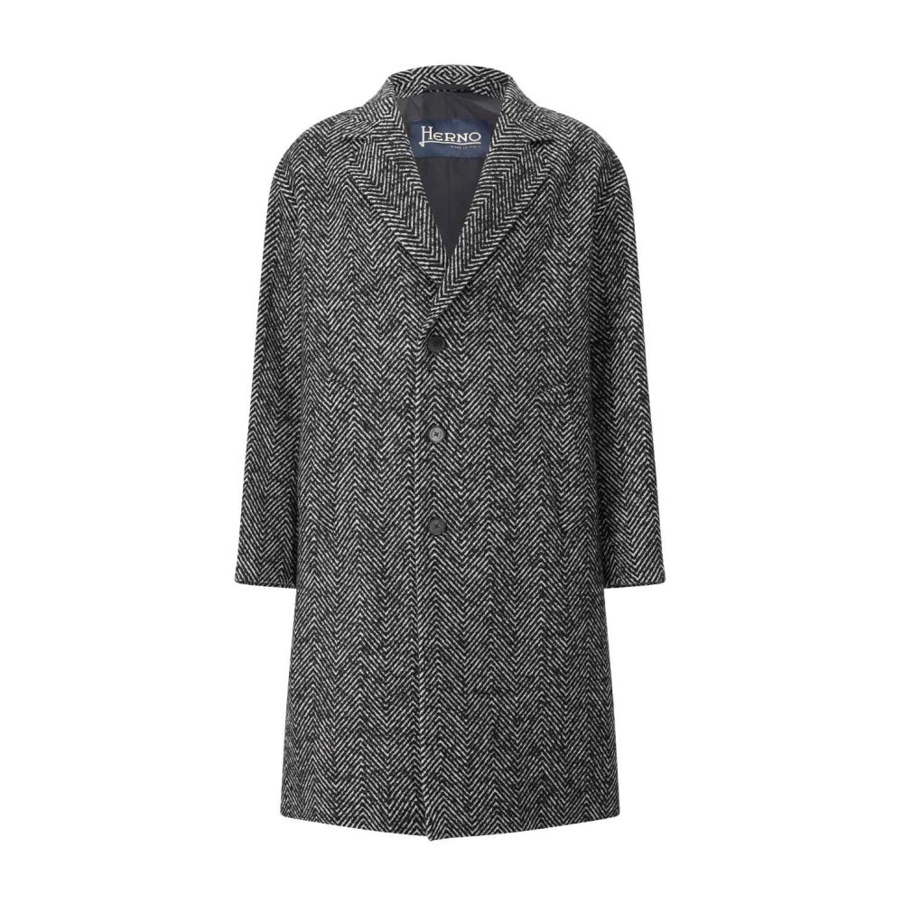Herno Men's Black Wool Blend Coat With Herringbone Pattern - Single-Breasted Coats - 2XL - Coats