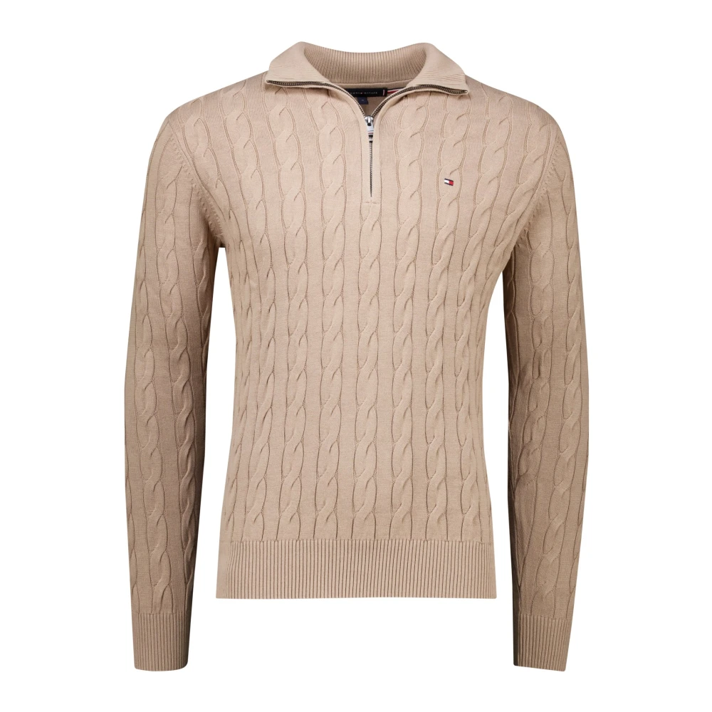 Tommy Hilfiger Mannelijk Bruin Klassieke Katoenen Kabel Gebreide Sweater Met Halve Rits