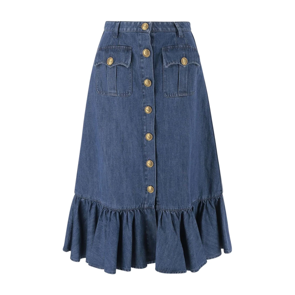 Valentino Garavani Blauwe Denim Rok met Volants Blue Dames