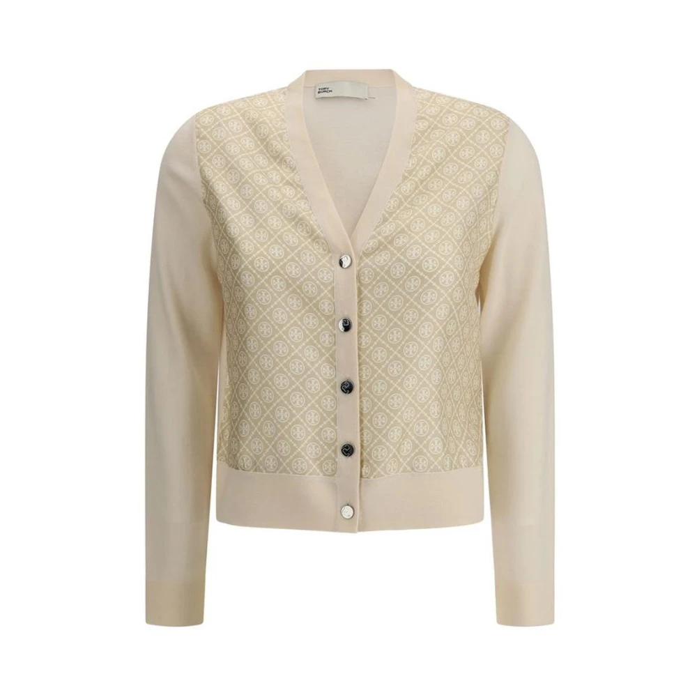 TORY BURCH Zijden en wollen Monogram Cardigan Beige Dames