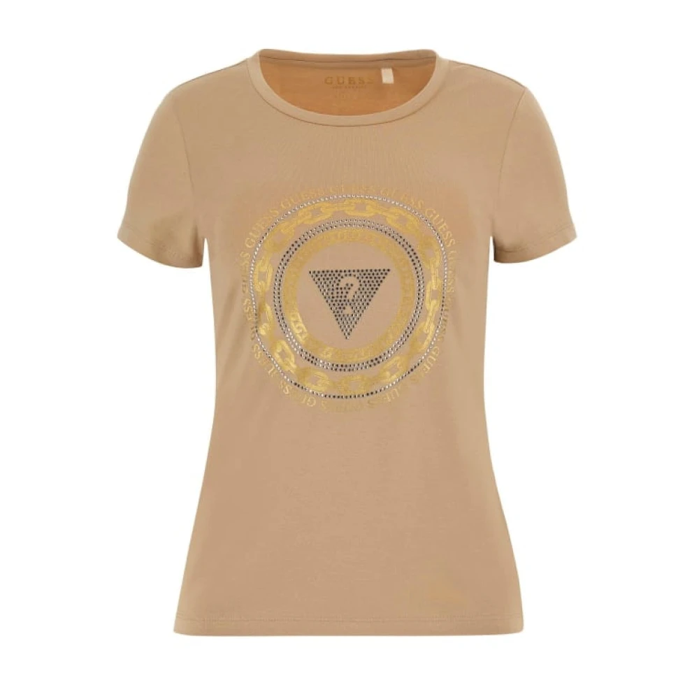 Guess Katoen Logo T-shirt Beige Strass Beige Dames