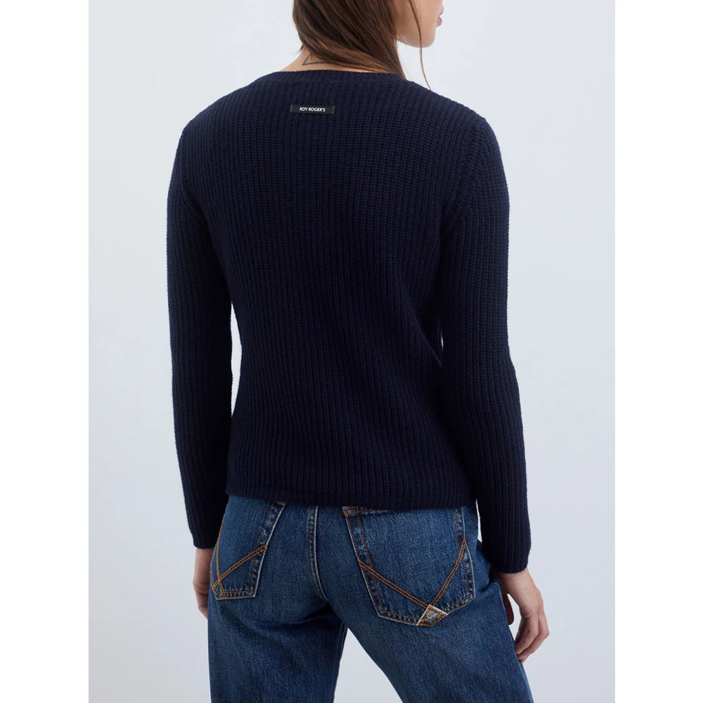 Roy Roger's Geribbelde wol kasjmier ronde hals trui Blue Dames