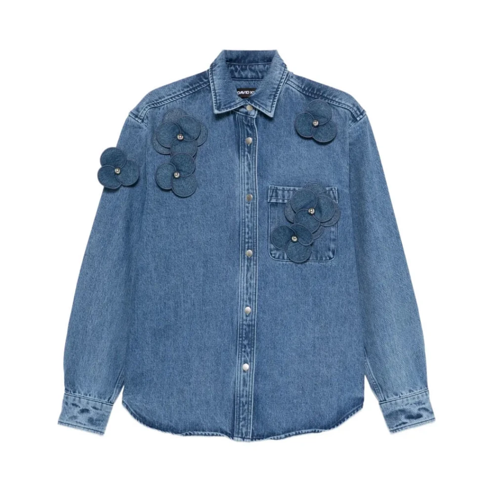 David Koma Blue Shirts, Female, 2XS, 3D Flower Embroidered Denim Shirt