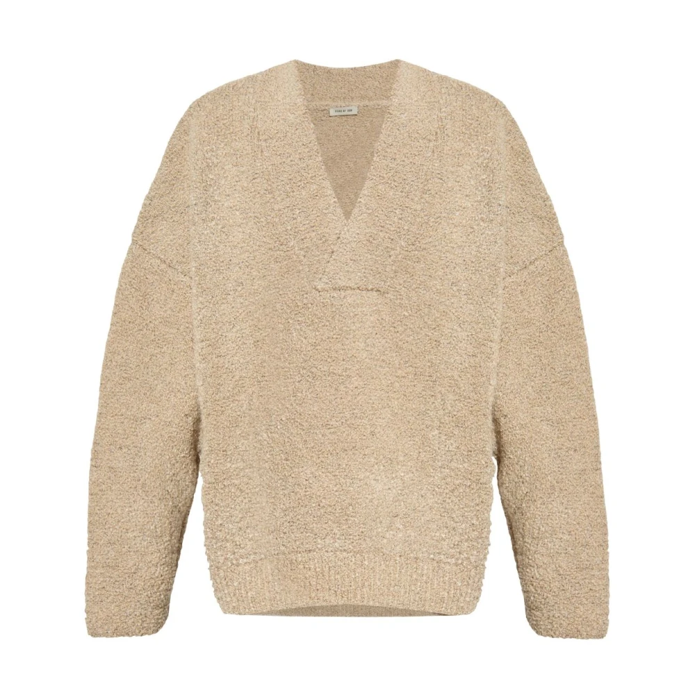 Fear Of God Beige V-Neck Knitwear, Male, S, Wool V-Neck Jumper With Logo Patch