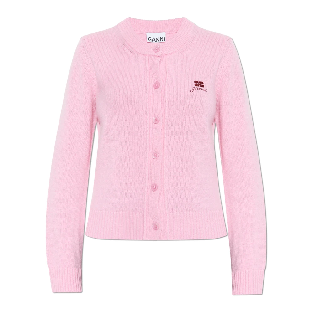 Ganni Women's Pink Cardigan With Embroidered Logo - Cardigans - M - Knitwear