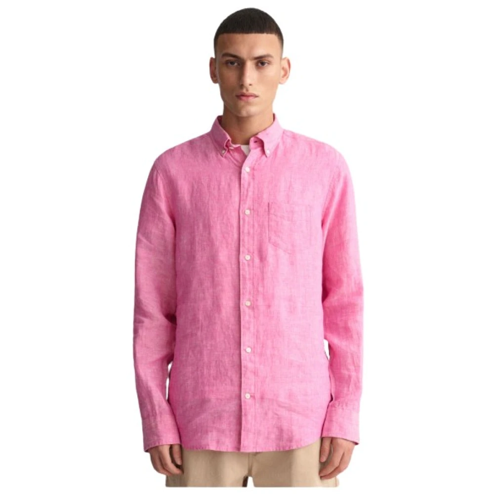 Gant Reguliere Linnen Overhemd met Geborduurd Logo Pink Heren
