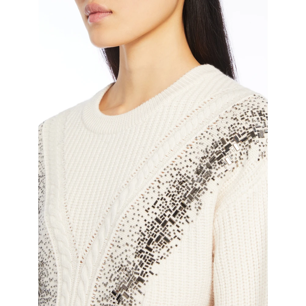Max Mara Studio Wol Crop Sweater met Spiegelborduursel White Dames
