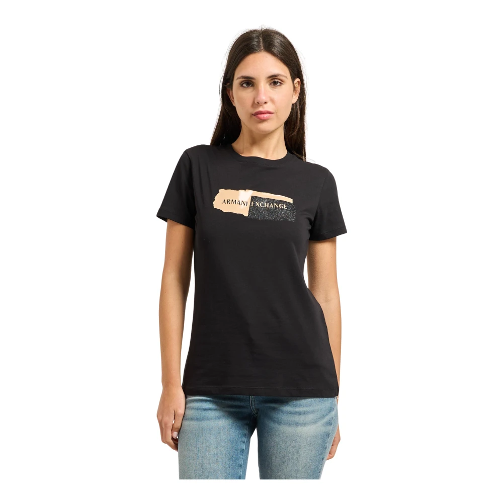 Armani Exchange Vrouw Zwart Tops Dames, M, Katoen, Regular Fit Katoenen T-Shirt