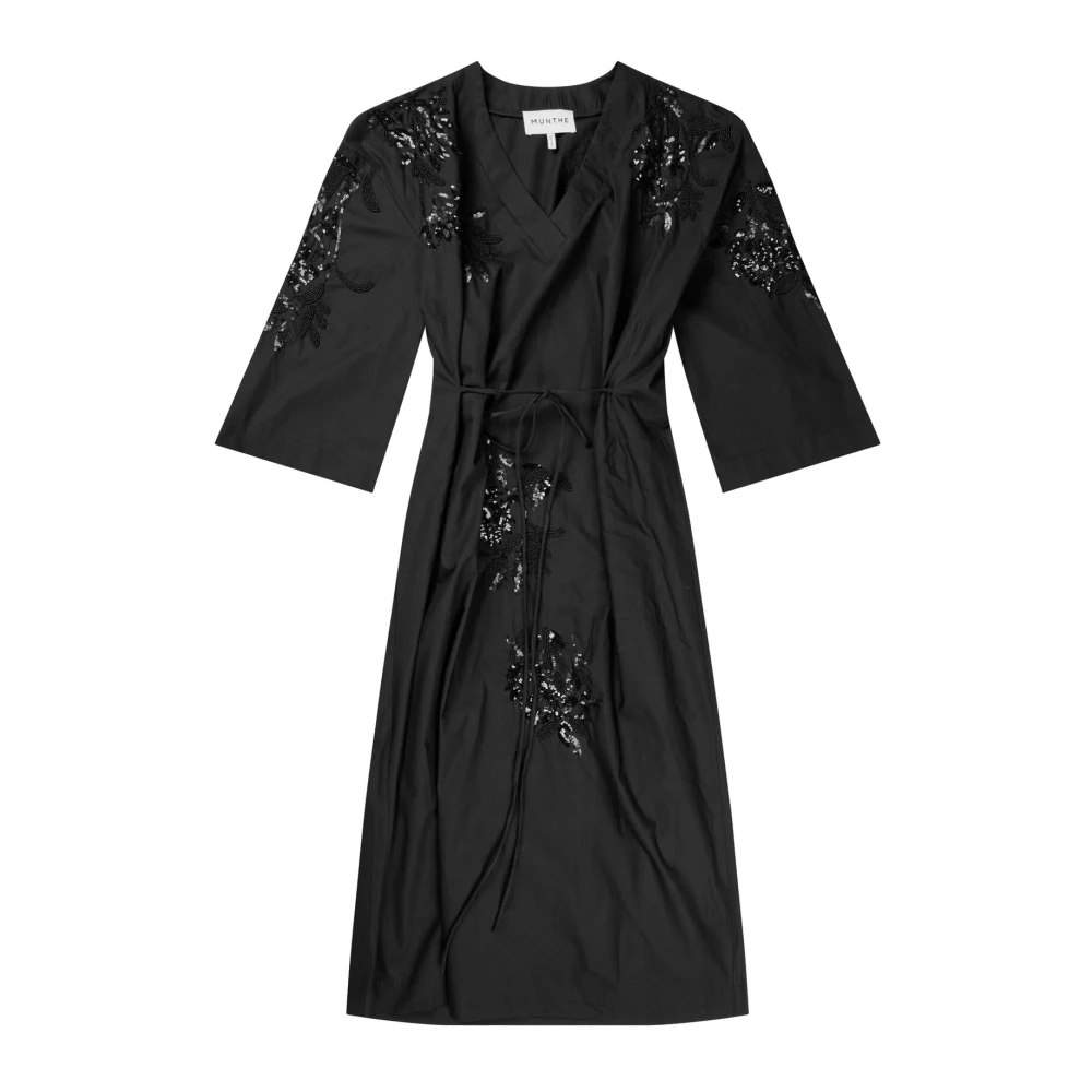 Munthe Bloemen paillettenjurk met tailleband Black Dames