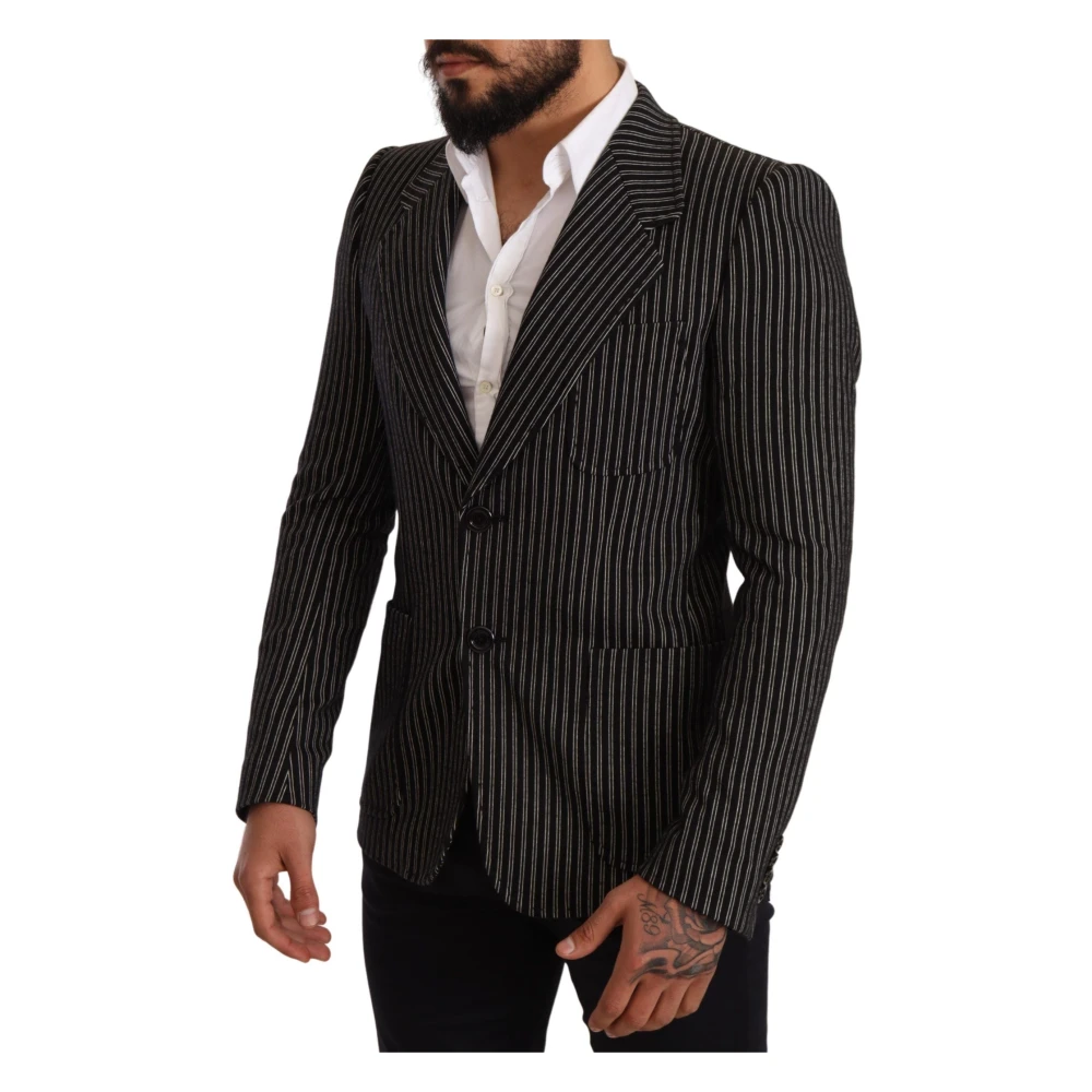 Dolce & Gabbana Zwart Gestreepte Slim Fit Wol Jas Blazer Black Heren