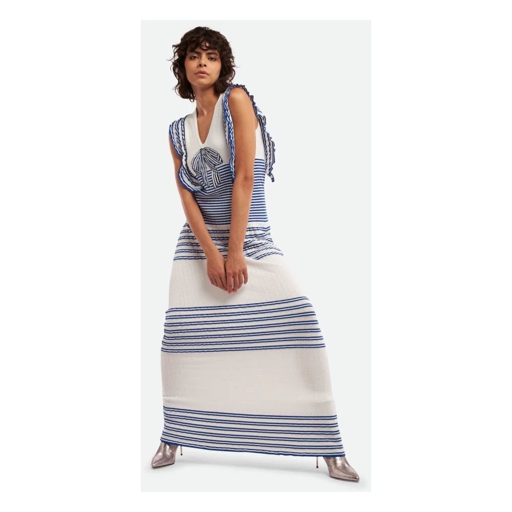 Elisabetta Franchi Blauw Gestreepte Maxi Jurk met Pailletten Strik Blue Dames