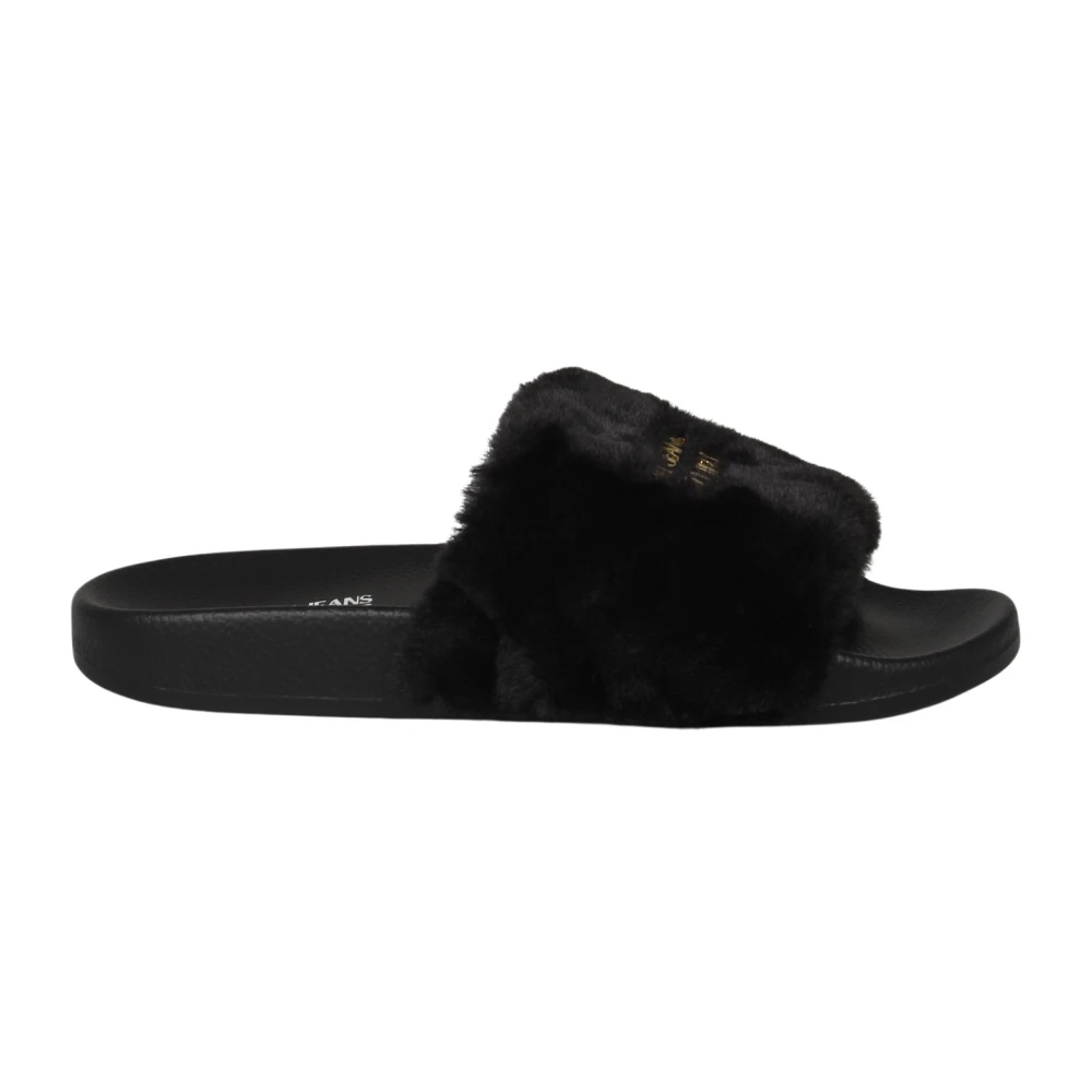 Versace Jeans Couture Faux Fur Slides met Metalen Logo Black Dames