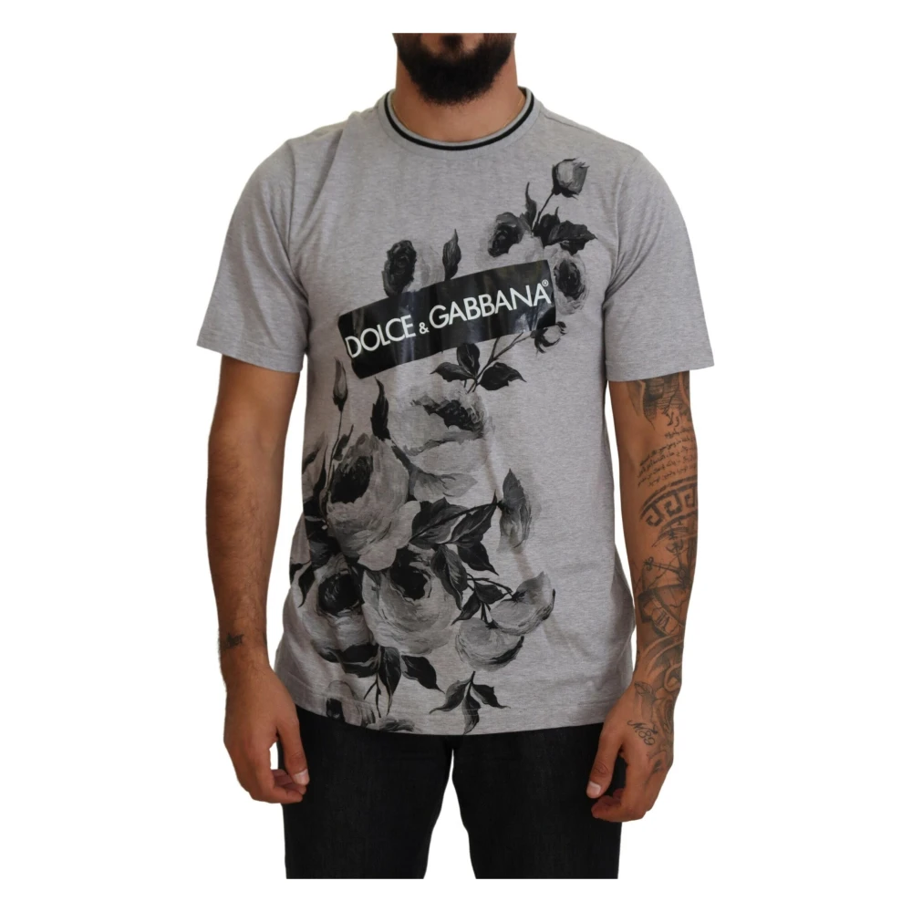 Dolce & Gabbana Grijze Bloemen Logo Print Crewneck T-shirt Gray Heren