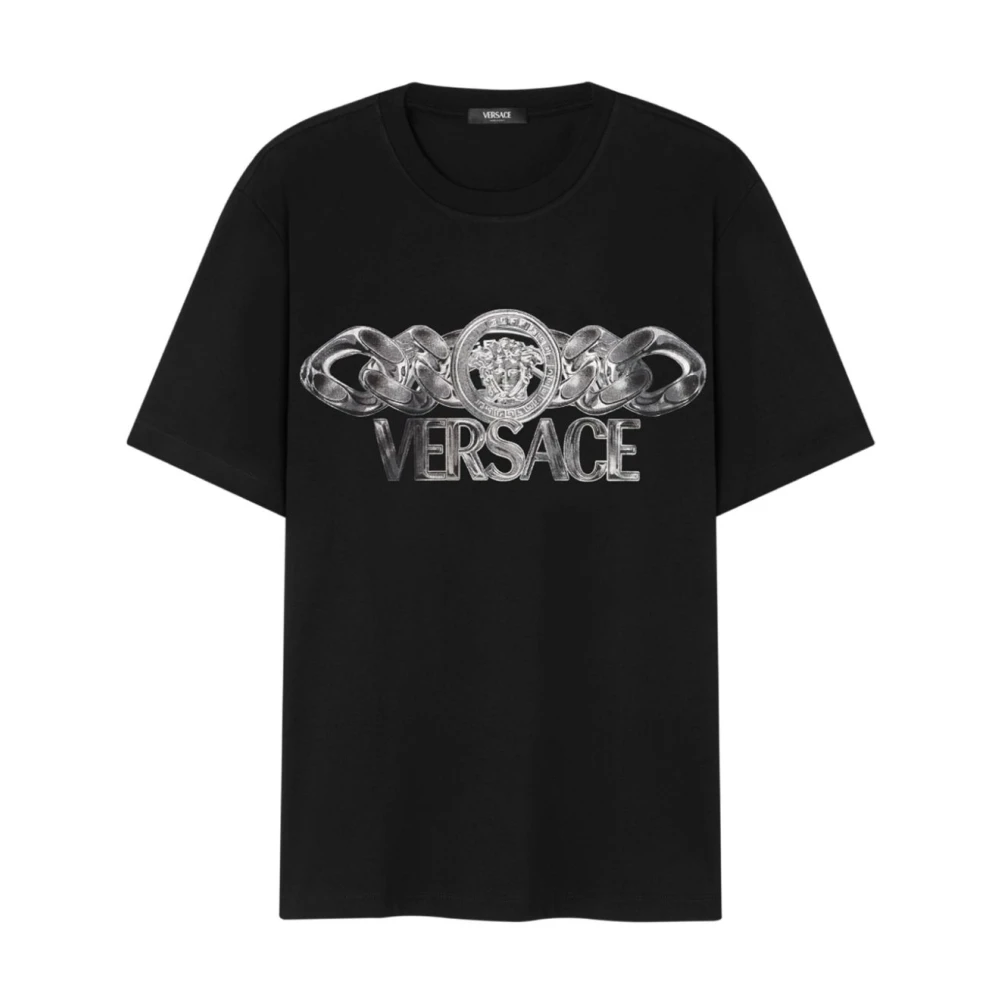 Versace Men's Black T-Shirts,, Medusa Head Chain-Link Print Tee Large