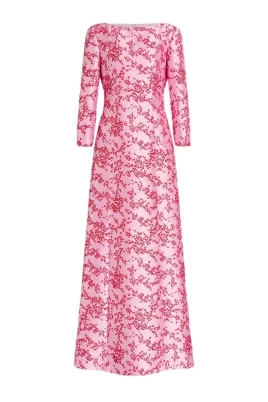 Lång klänning i blommig Mikado
